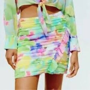 ZARA Pastel Tie-Dye Watercolor Print Ruffle Mini Skirt